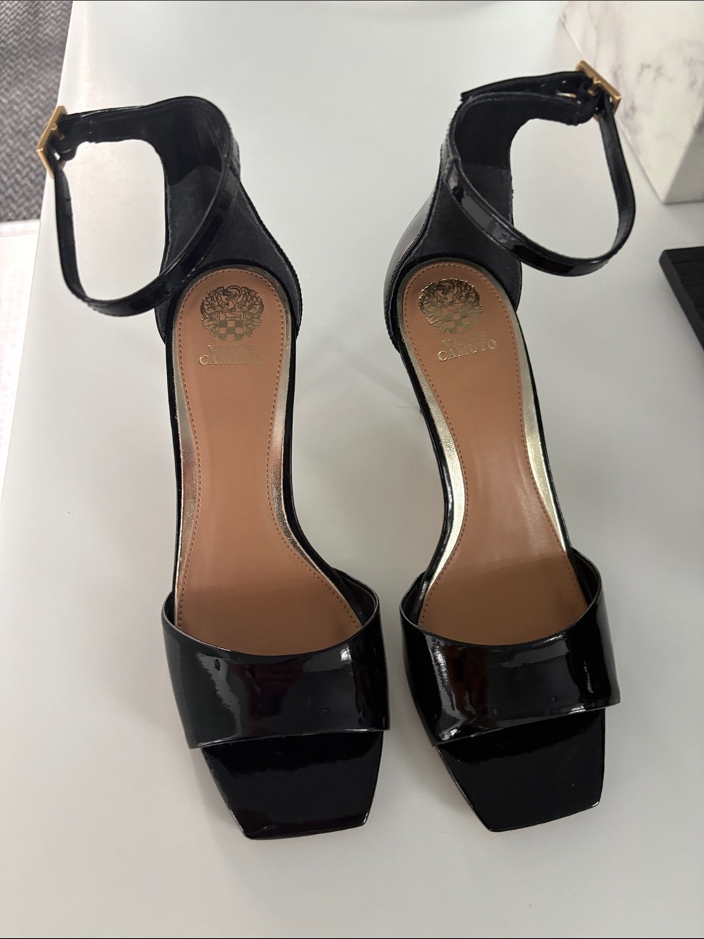 Vince Camino Black Patent Leather Ankle-Strap Heels